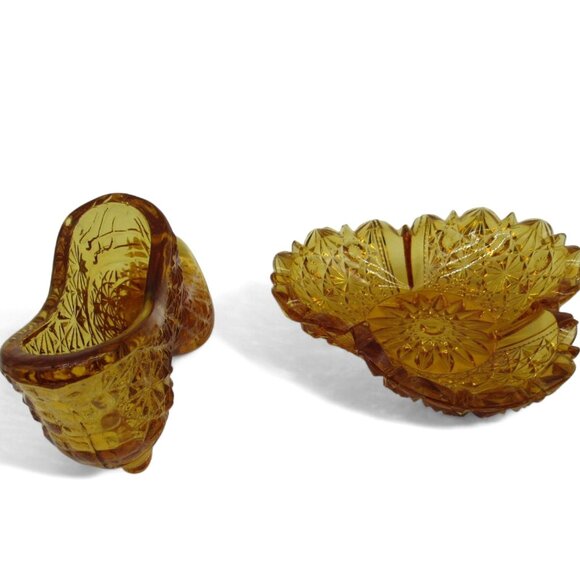 Glass BOOT And DISH Amber-Colored Set With Intricate Starburst Pattern - Picture 6 of 11